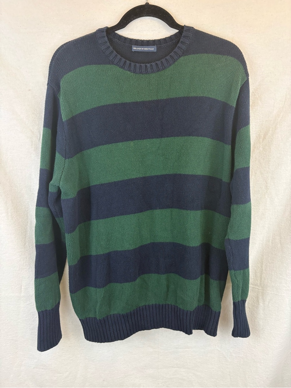 Brandy Melville Navy Green Wide-Stripe Crewneck Brianna Sweater Y2K Cotton Cozy